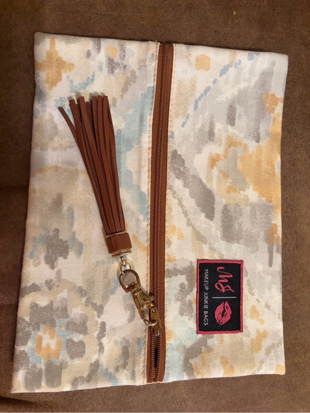 Makeup Junkie Bags Multi-Color Canvas Cosmetic Clutch with Brown Tassel
